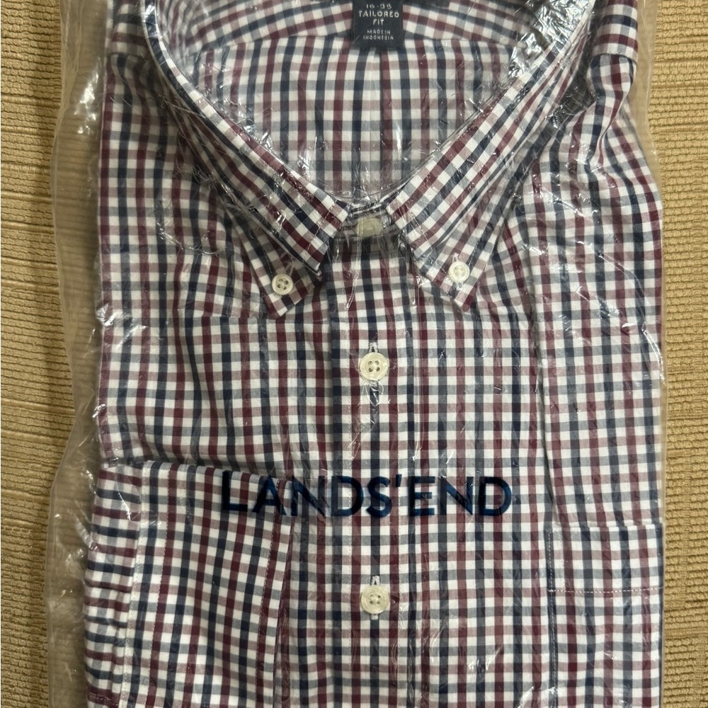 (Never opened). Lands' End Red, blue and White Gingham Casual Button Down Shirt